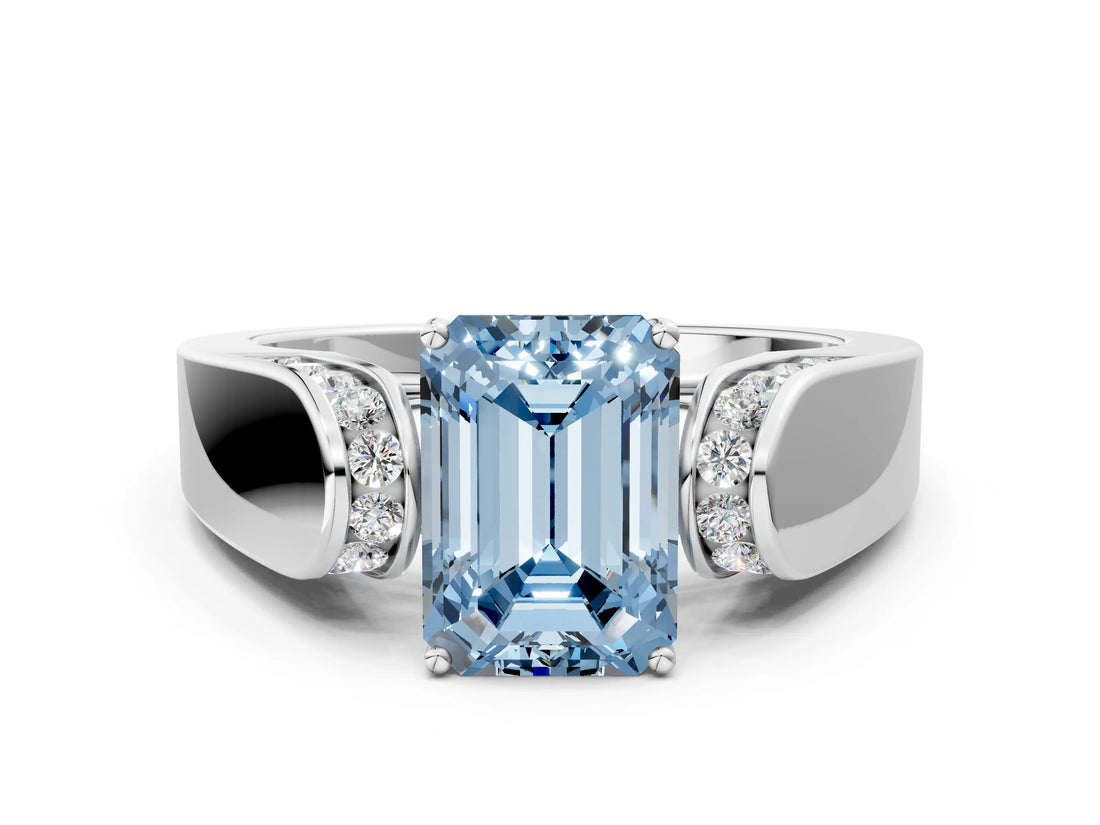 White gold Fancy Blue Emerald Cut Diamond Channel Set Solitaire Ring with Four-Prong Setting_64