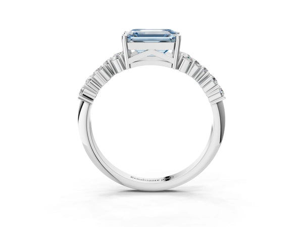 White gold Fancy Blue Emerald Cut Diamond Cluster Pavé Band with Four-Prong Setting