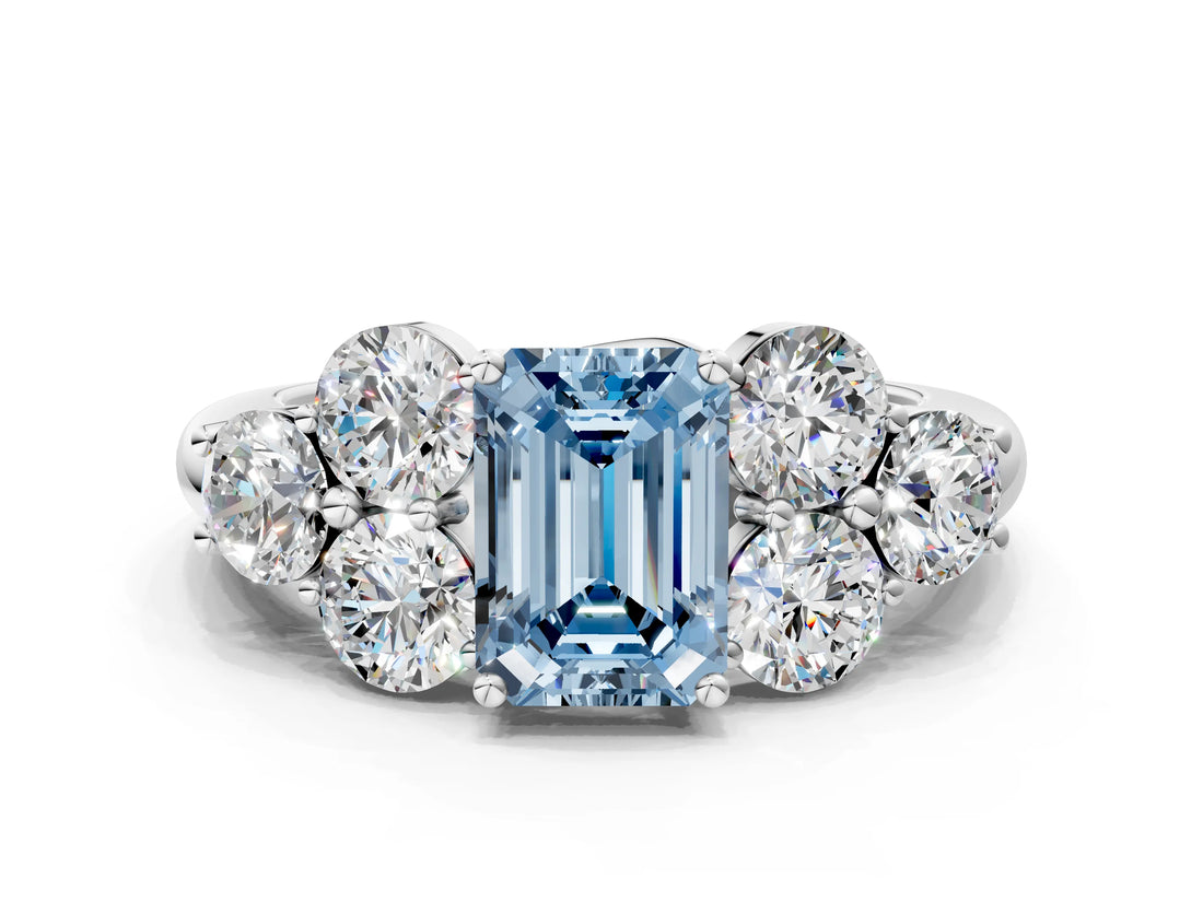 White gold Fancy Blue Emerald  Cut Diamond Cluster Ring with Round Accent Stones and Prong Setting on a Classic Band_48