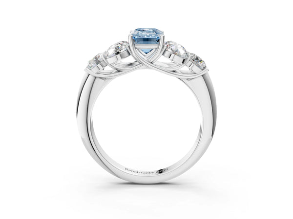 Platinum Fancy Blue Emerald  Cut Diamond Cluster Ring with Round Accent Stones and Prong Setting on a Classic Band