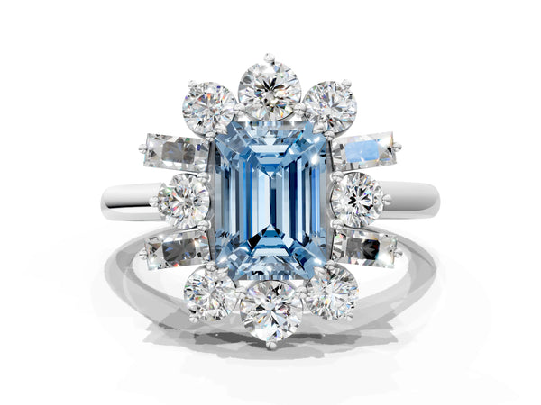 Platinum Fancy Blue Emerald Cut Diamond Cluster Ring with Round and Baguette Stones, Split Shank Band, Prong Setting