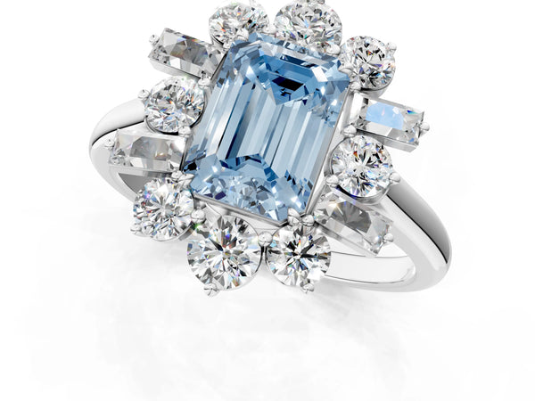 Platinum Fancy Blue Emerald Cut Diamond Cluster Ring with Round and Baguette Stones, Split Shank Band, Prong Setting
