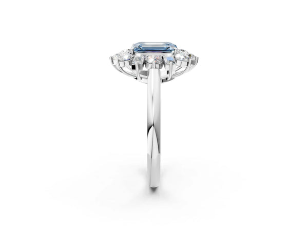 Platinum Fancy Blue Emerald Cut Diamond Cluster Ring with Round and Baguette Stones, Split Shank Band, Prong Setting