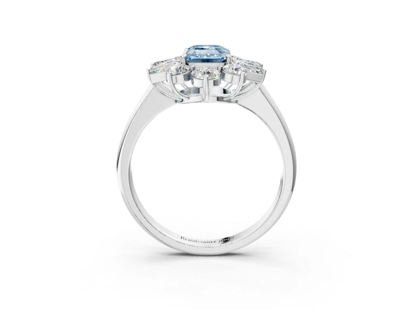 Platinum Fancy Blue Emerald Cut Diamond Cluster Ring with Round and Baguette Stones, Split Shank Band, Prong Setting