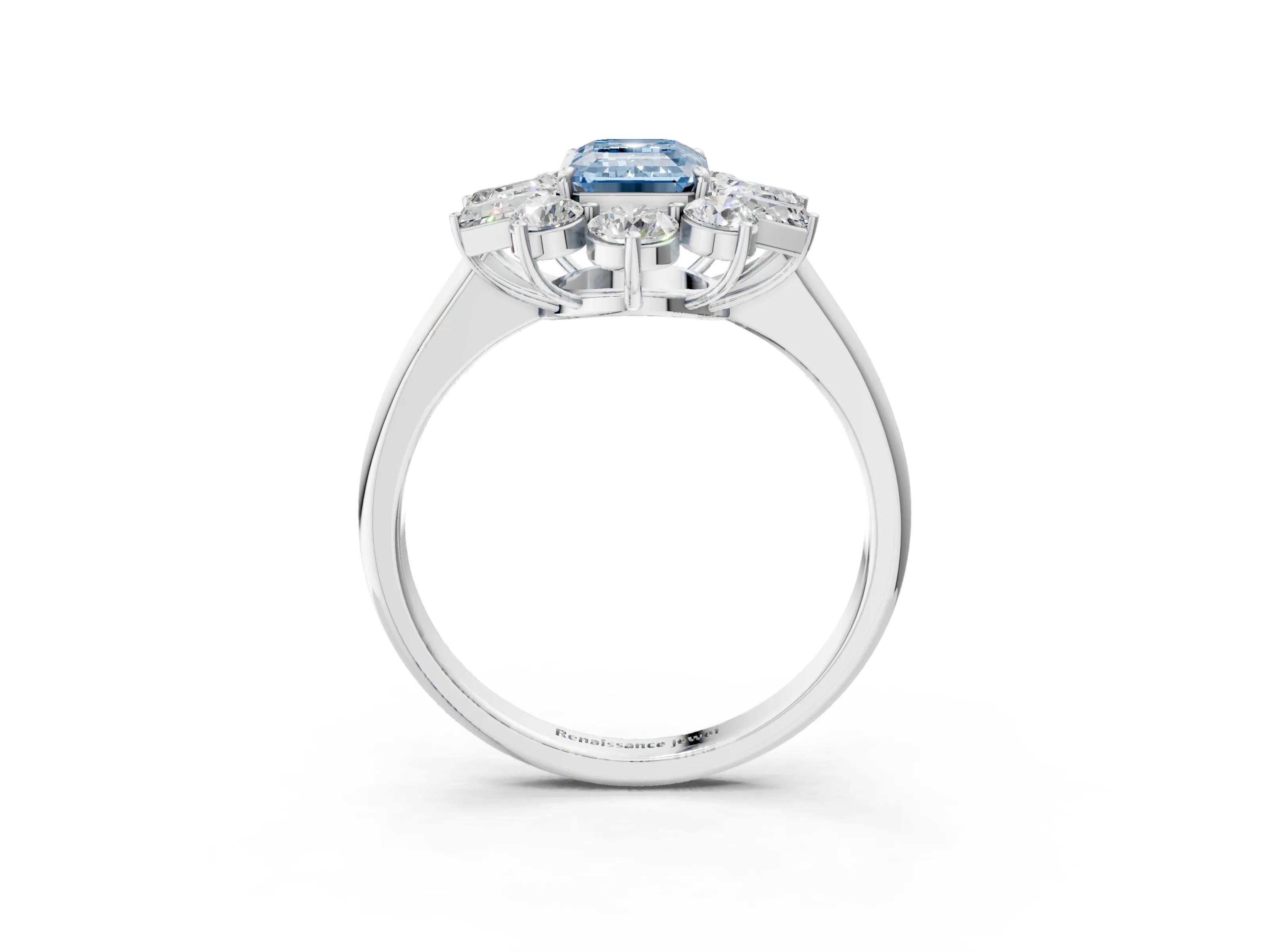 White gold Fancy Blue Emerald Cut Diamond Cluster Ring with Round and Baguette Stones, Split Shank Band, Prong Setting_15