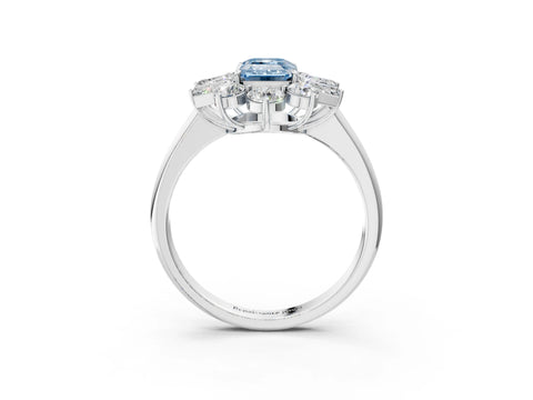 White gold Fancy Blue Emerald Cut Diamond Cluster Ring with Round and Baguette Stones, Split Shank Band, Prong Setting_15