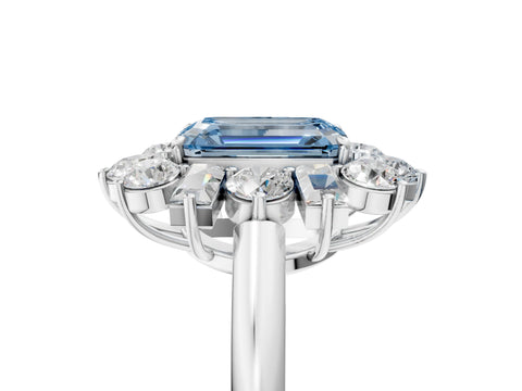 White gold Fancy Blue Emerald Cut Diamond Cluster Ring with Round and Baguette Stones, Split Shank Band, Prong Setting_17