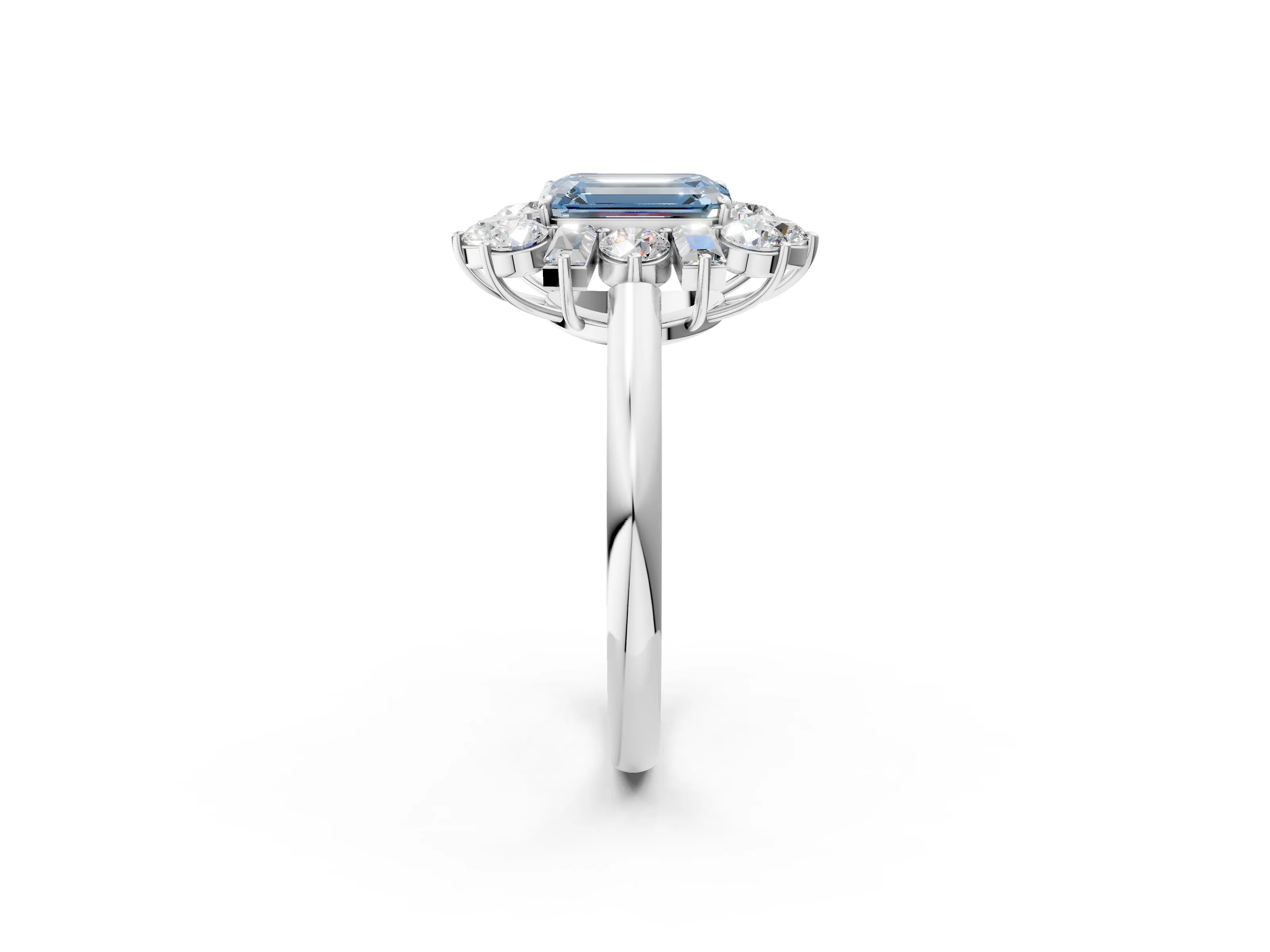 White gold Fancy Blue Emerald Cut Diamond Cluster Ring with Round and Baguette Stones, Split Shank Band, Prong Setting_2