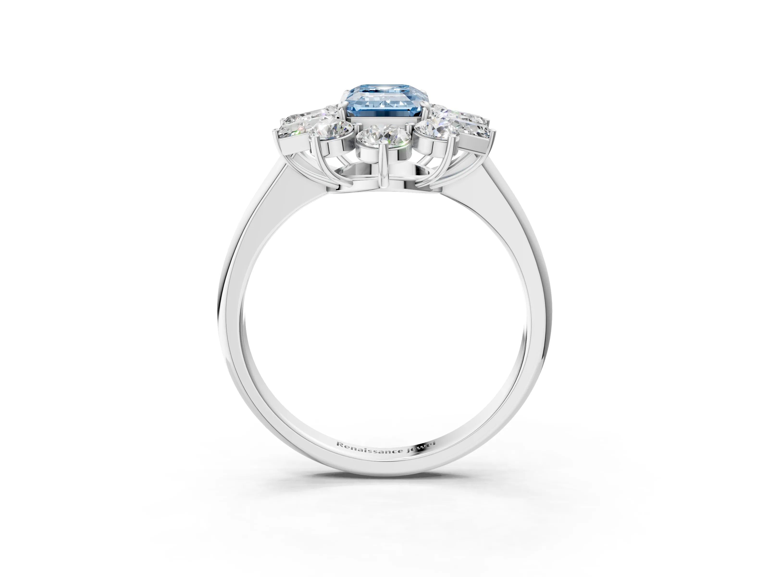 White gold Fancy Blue Emerald Cut Diamond Cluster Ring with Round and Baguette Stones, Split Shank Band, Prong Setting_3