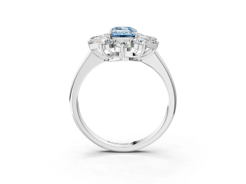 White gold Fancy Blue Emerald Cut Diamond Cluster Ring with Round and Baguette Stones, Split Shank Band, Prong Setting_3