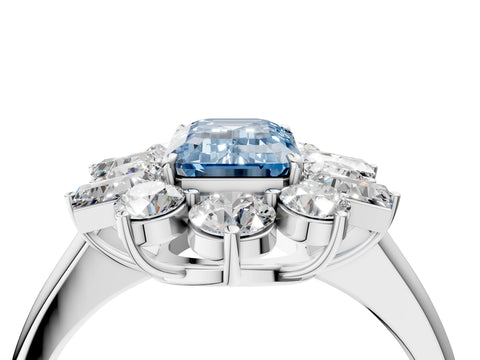 White gold Fancy Blue Emerald Cut Diamond Cluster Ring with Round and Baguette Stones, Split Shank Band, Prong Setting_4
