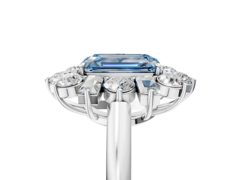 White gold Fancy Blue Emerald Cut Diamond Cluster Ring with Round and Baguette Stones, Split Shank Band, Prong Setting_5