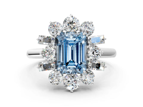 White gold Fancy Blue Emerald Cut Diamond Cluster Ring with Round and Baguette Stones, Split Shank Band, Prong Setting
