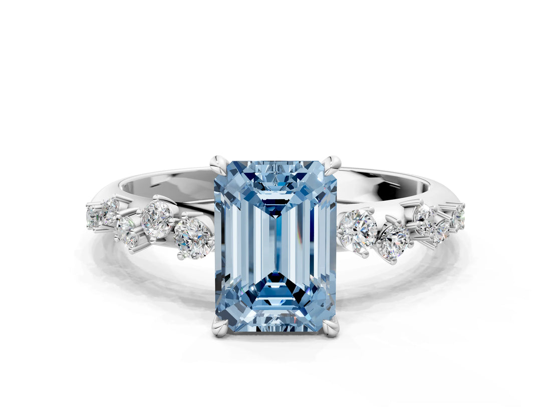 White gold Fancy Blue Emerald Cut Diamond Cluster Side Stone Solitaire Ring with Prong Setting_76