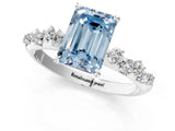 White gold Fancy Blue Emerald Cut Diamond Cluster Side Stone Solitaire Ring with Prong Setting_77