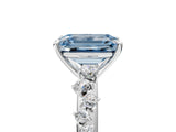 White gold Fancy Blue Emerald Cut Diamond Cluster Side Stone Solitaire Ring with Prong Setting_84
