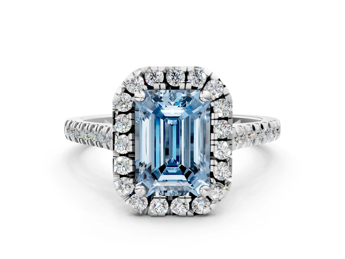White gold Fancy Blue Emerald Cut Diamond Cushion Halo Ring with Pavé Band