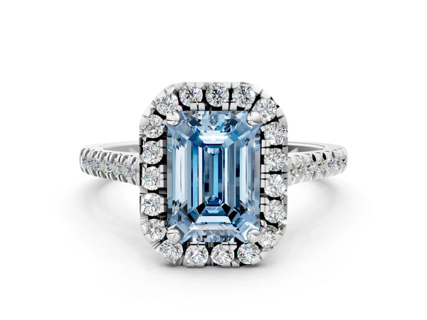 Platinum Fancy Blue Emerald Cut Diamond Cushion Halo Ring with Pavé Band
