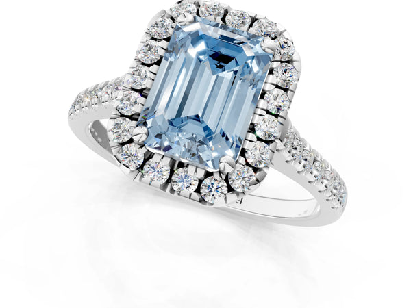 Platinum Fancy Blue Emerald Cut Diamond Cushion Halo Ring with Pavé Band