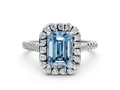 White gold Fancy Blue Emerald Cut Diamond Cushion Halo Ring with Pavé Band_12