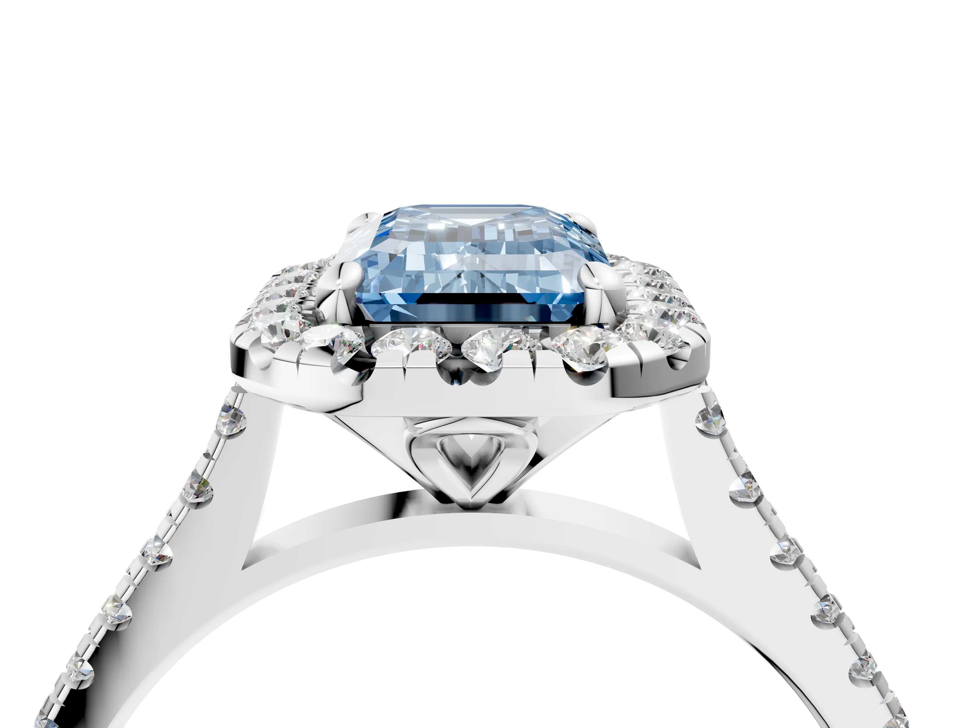 White gold Fancy Blue Emerald Cut Diamond Cushion Halo Ring with Pavé Band_16