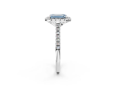 White gold Fancy Blue Emerald Cut Diamond Cushion Halo Ring with Pavé Band_2