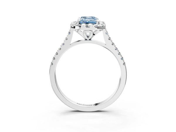 Platinum Fancy Blue Emerald Cut Diamond Cushion Halo Ring with Pavé Band