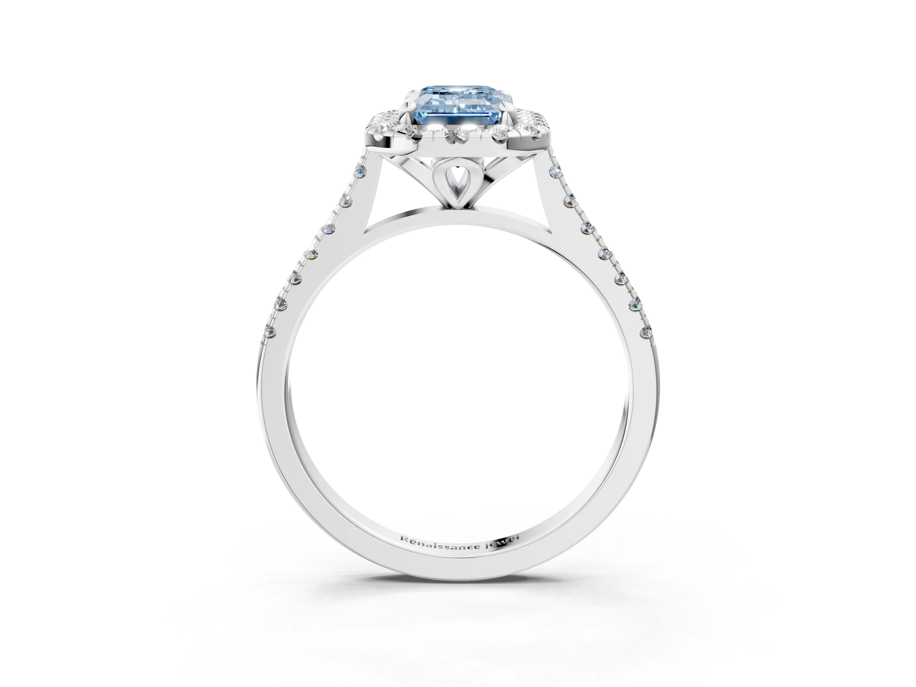 White gold Fancy Blue Emerald Cut Diamond Cushion Halo Ring with Pavé Band_3