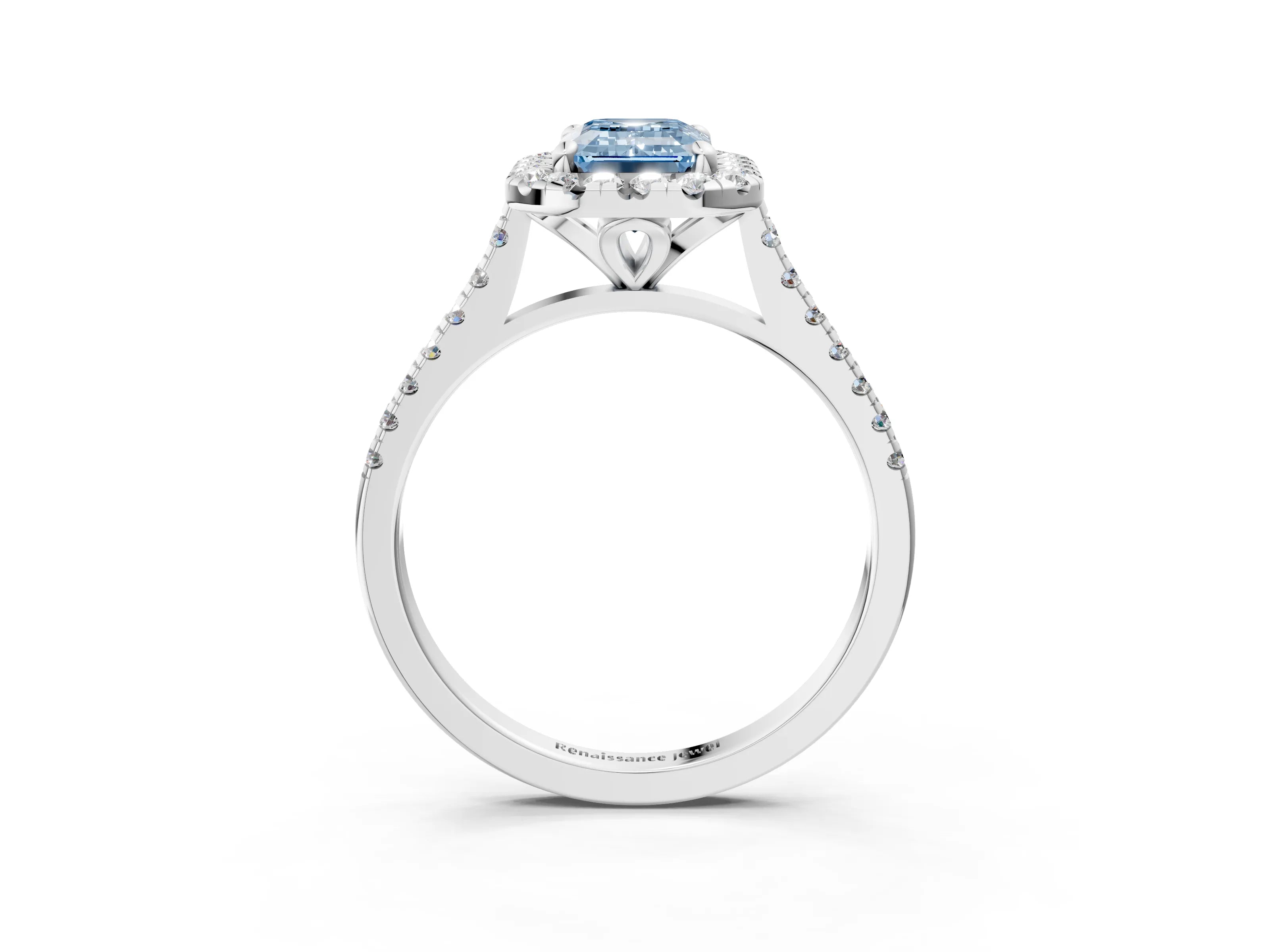White gold Fancy Blue Emerald Cut Diamond Cushion Halo Ring with Pavé Band_3