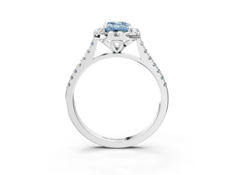 White gold Fancy Blue Emerald Cut Diamond Cushion Halo Ring with Pavé Band_3