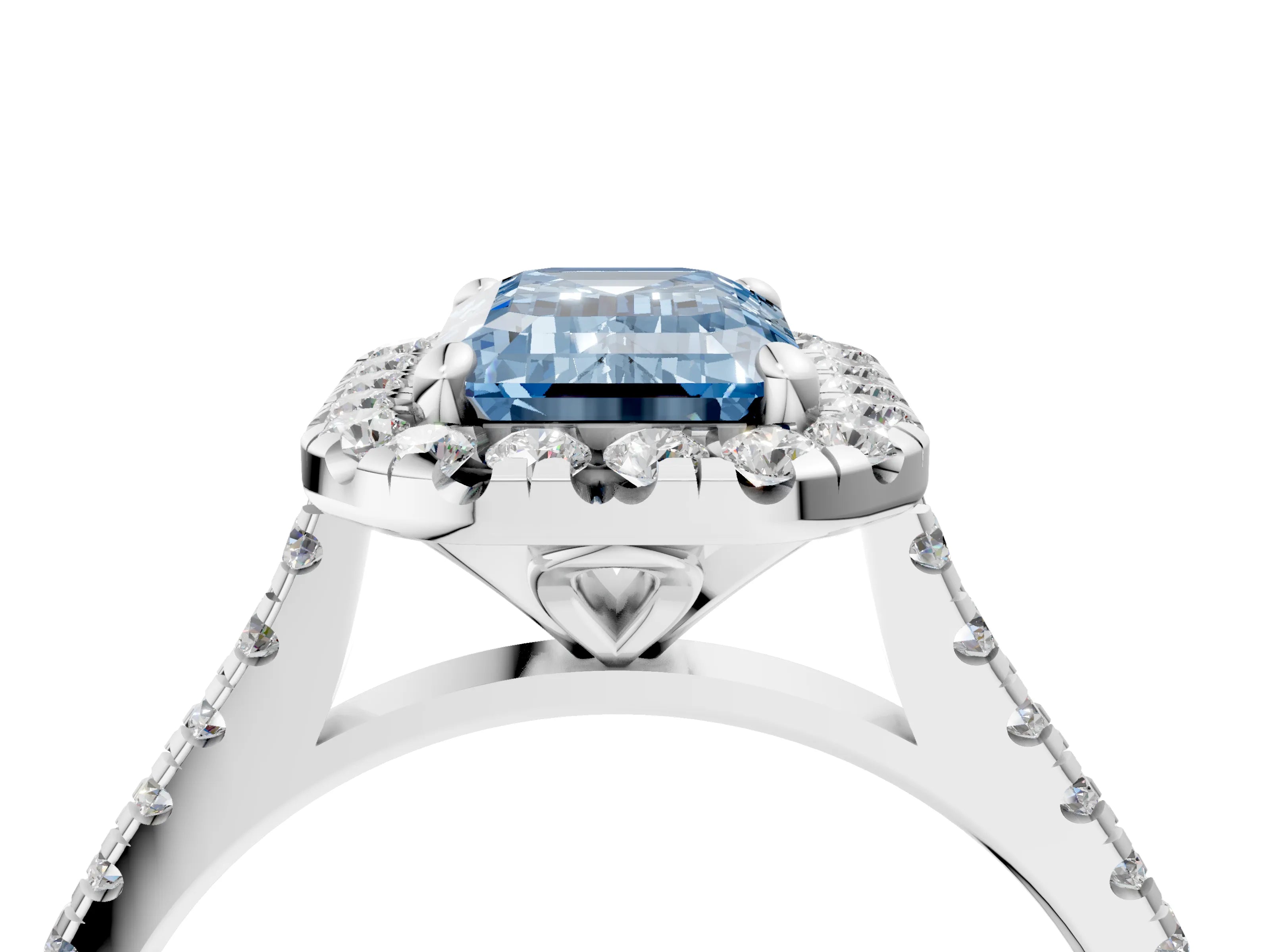 White gold Fancy Blue Emerald Cut Diamond Cushion Halo Ring with Pavé Band_4