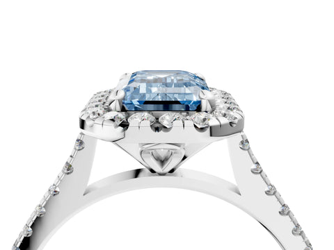 White gold Fancy Blue Emerald Cut Diamond Cushion Halo Ring with Pavé Band_4