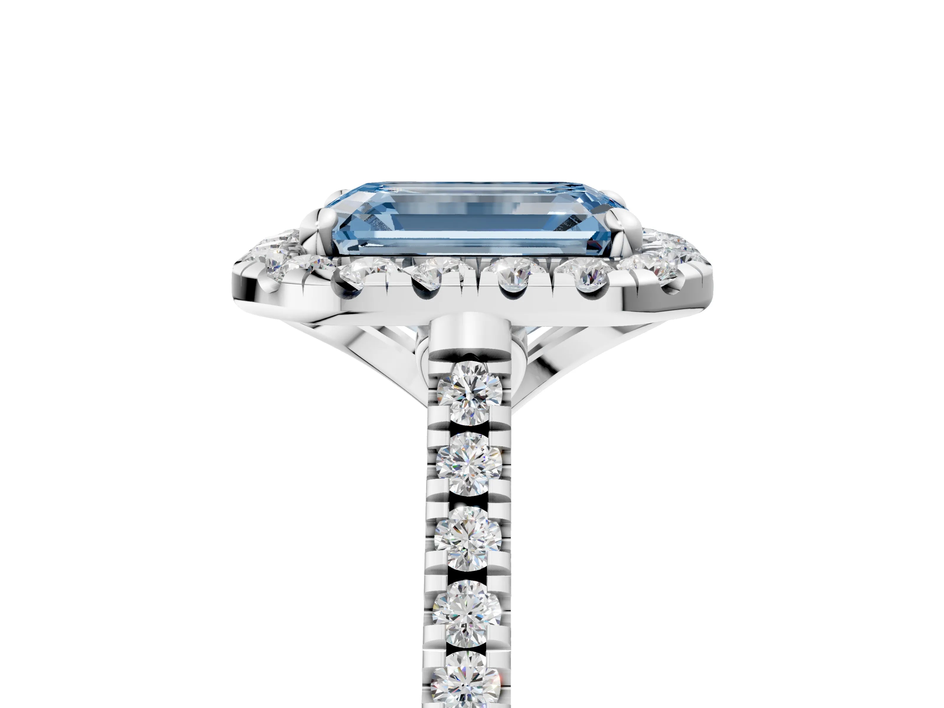 White gold Fancy Blue Emerald Cut Diamond Cushion Halo Ring with Pavé Band_5