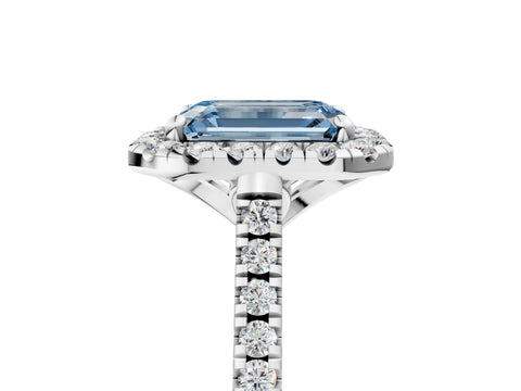 White gold Fancy Blue Emerald Cut Diamond Cushion Halo Ring with Pavé Band_5
