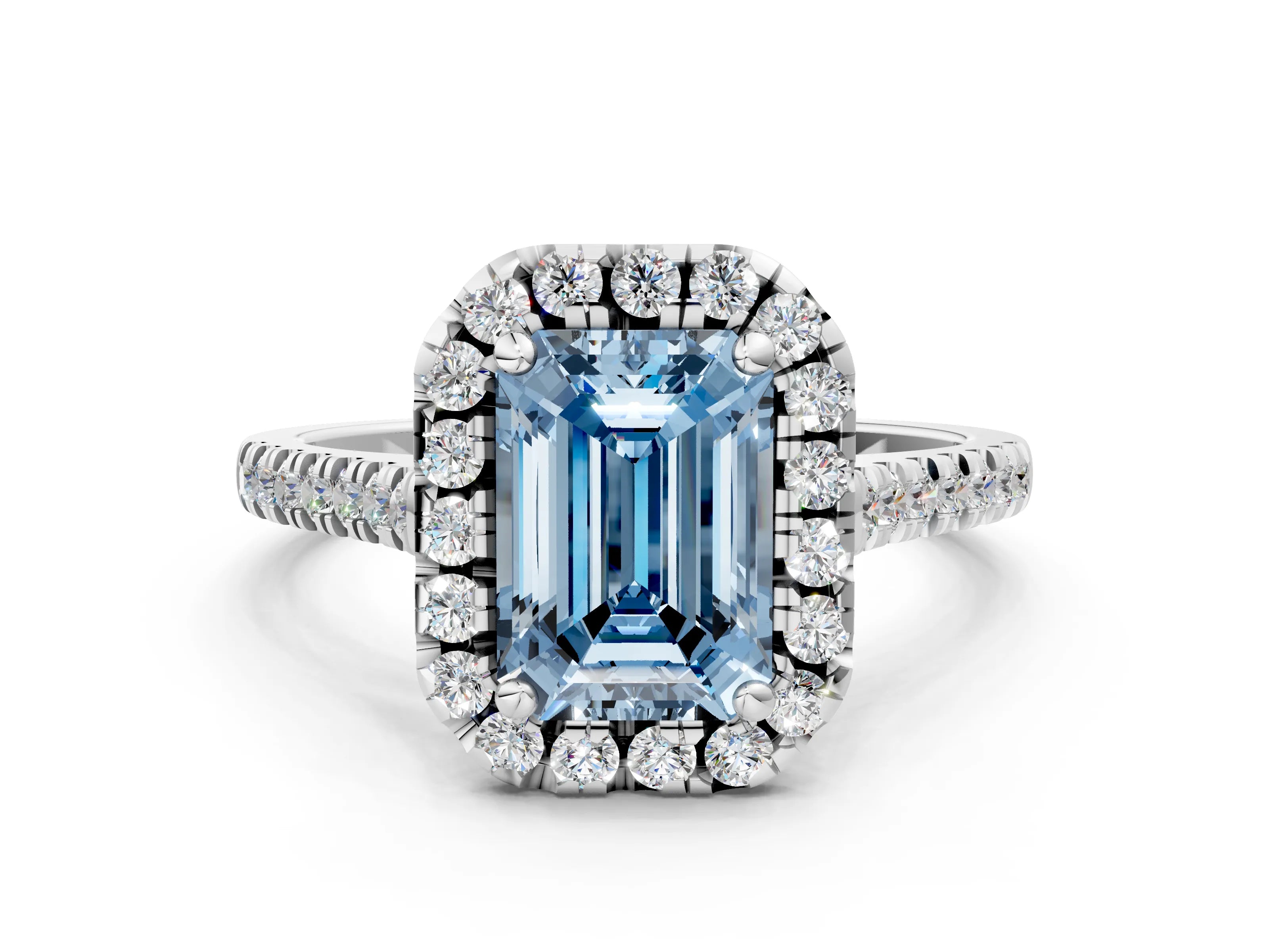 White gold Fancy Blue Emerald Cut Diamond Cushion Halo Ring with Pavé Band