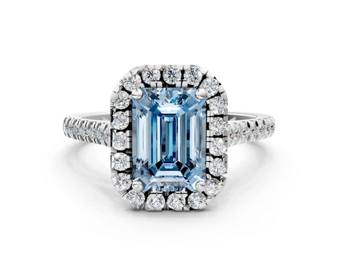 White gold Fancy Blue Emerald Cut Diamond Cushion Halo Ring with Pavé Band