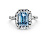 White gold Fancy Blue Emerald Cut Diamond Cushion Halo Ring with Pavé Band