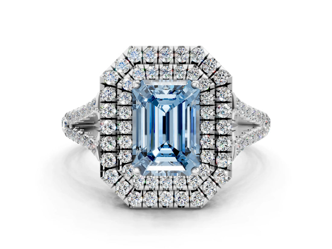 White gold Fancy Blue Emerald Cut Diamond Double Halo Ring with Pavé Band and Prong Setting_114