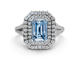 White gold Fancy Blue Emerald Cut Diamond Double Halo Ring with Pavé Band and Prong Setting_116