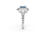White gold Fancy Blue Emerald Cut Diamond Double Halo Ring with Pavé Band and Prong Setting_116