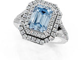 White gold Fancy Blue Emerald Cut Diamond Double Halo Ring with Pavé Band and Prong Setting_118