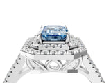 White gold Fancy Blue Emerald Cut Diamond Double Halo Ring with Pavé Band and Prong Setting_121
