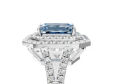 White gold Fancy Blue Emerald Cut Diamond Double Halo Ring with Pavé Band and Prong Setting_122