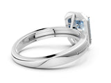 White gold Fancy Blue Emerald Cut Diamond Double Halo Ring with Split Shank and Four-Prong Setting