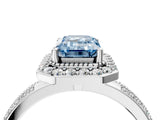 White gold Fancy Blue Emerald Cut Diamond Double Halo Ring with Split Shank and Four-Prong Setting_4