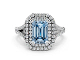 White gold Fancy Blue Emerald Cut Diamond Double Halo Ring with Split Shank and Prong Setting_27