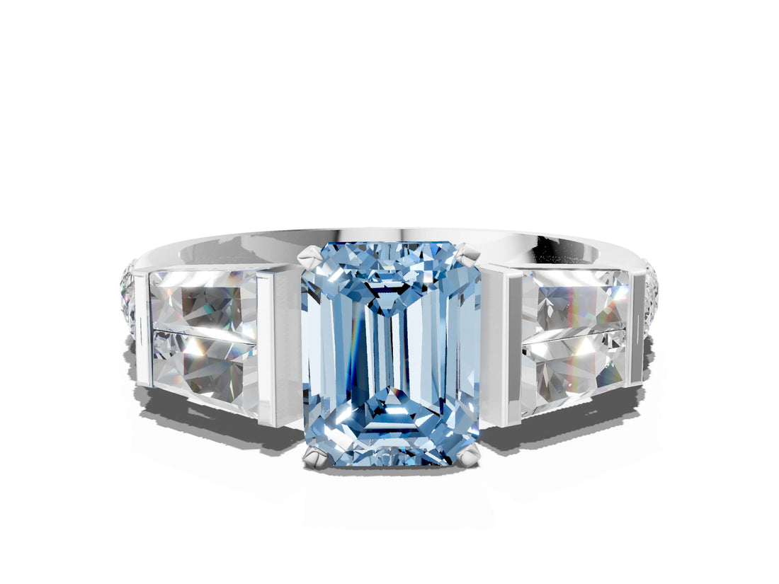 White gold Fancy Blue Emerald Cut Diamond Engagement Ring with Baguette Side Stones and Channel Set Band_32