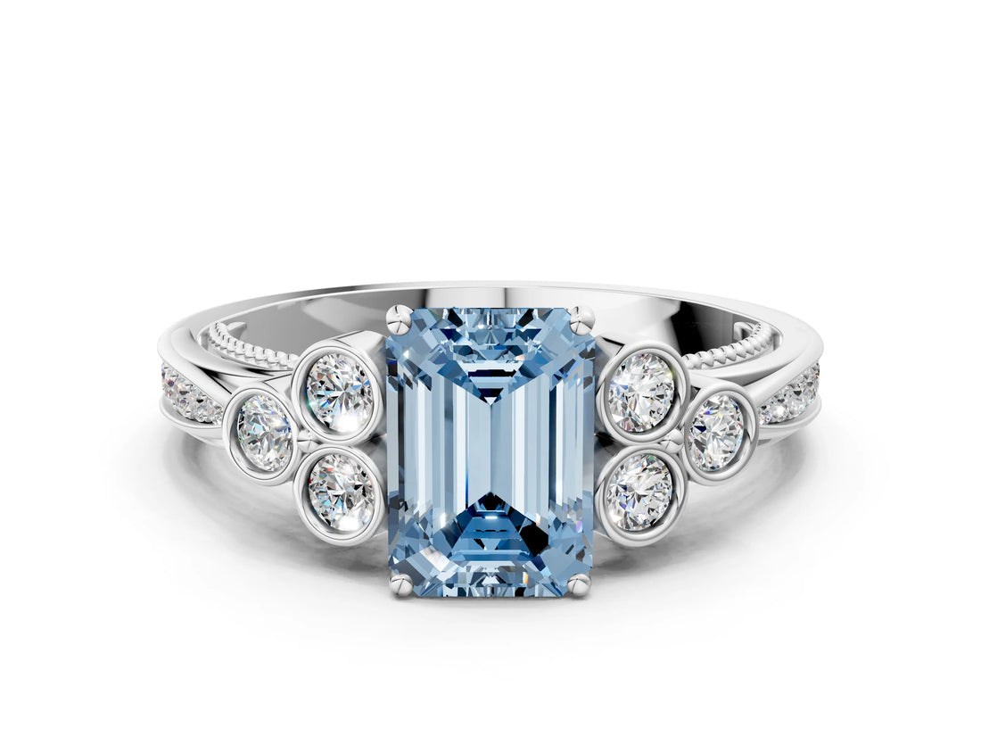 White gold Fancy Blue Emerald  Cut Diamond Engagement Ring with Bezel Set Round Side Stones and Prong Setting_49