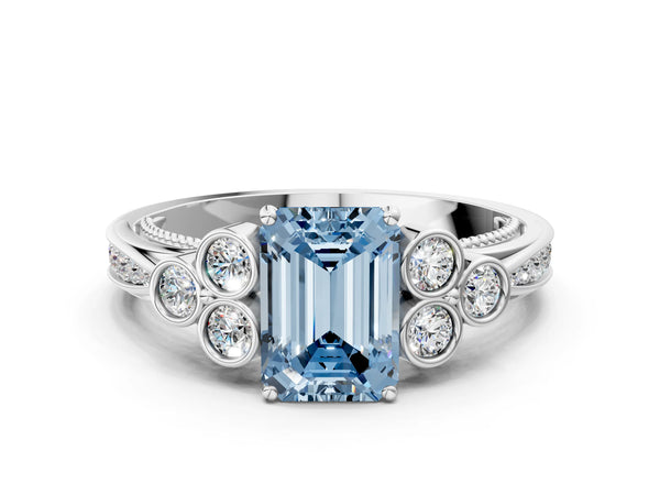 White gold Fancy Blue Emerald  Cut Diamond Engagement Ring with Bezel Set Round Side Stones and Prong Setting