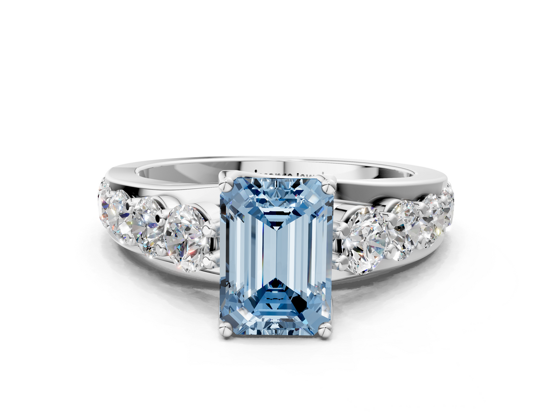 White gold Fancy Blue Emerald  Cut Diamond Engagement Ring with Pavé Band and Four-Prong Setting_3